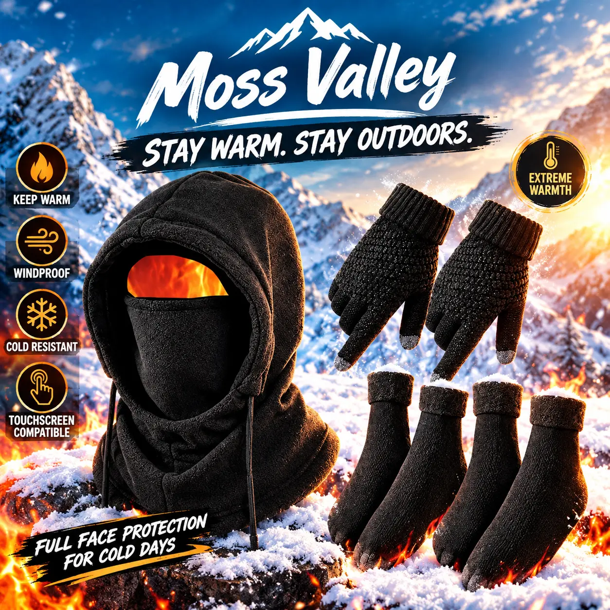 Unisex 4-Piece Winter Thermal Fleece Set - Gloves+Socks+Hat, Knitted Balaclava Hat + Gloves, Wind-Resistant Face Mask, Thick-Lined Sports & Outdoor Accessory for Biking