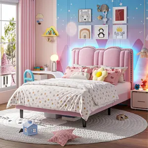 Raybee Pink Princess Bed Frame for Queen with LED and Velvet Upholstered Headboard, Platform Full Bed Frame with Height Adjustable Cute Headboard, Strong Support, No Box Spring Needed, Easy Assembly [Black Friday]