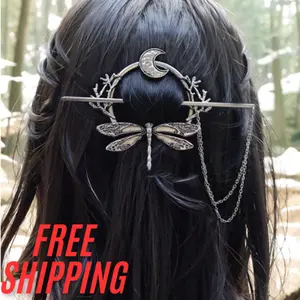 1pc Metal Forest Dragonfly Hairsticks Crescent Moon Insect Hairpin Decoration Boho Gold Head Piece party decorations