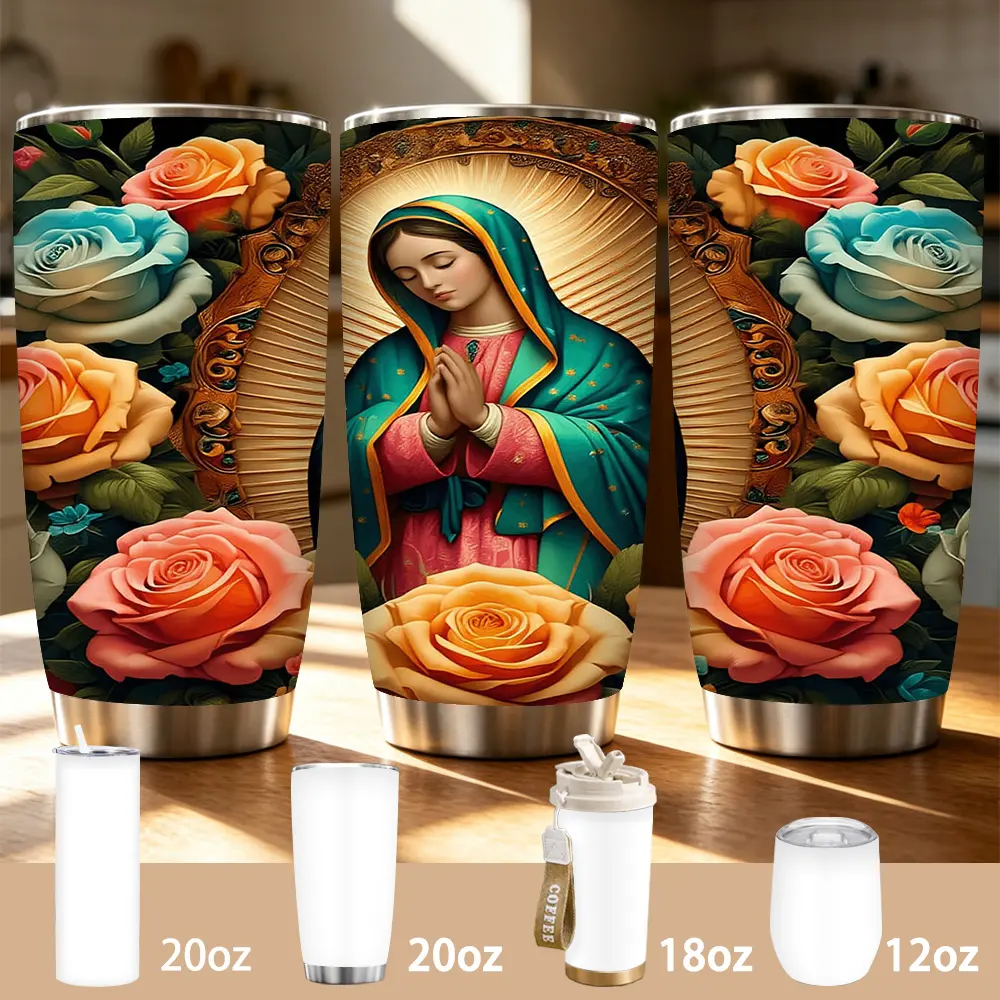 Religious Iconography Praying Figure Vibrant Roses Ornate Frame Tumbler, 12/18/20oz Multi-Size Stainless Steel Insulated Cup, Our Lady of Guadalupe with Colorful Roses Art Travel Mug, Keeps Cold/Hot for Hours, Ideal Daily Use & Spiritual Gift