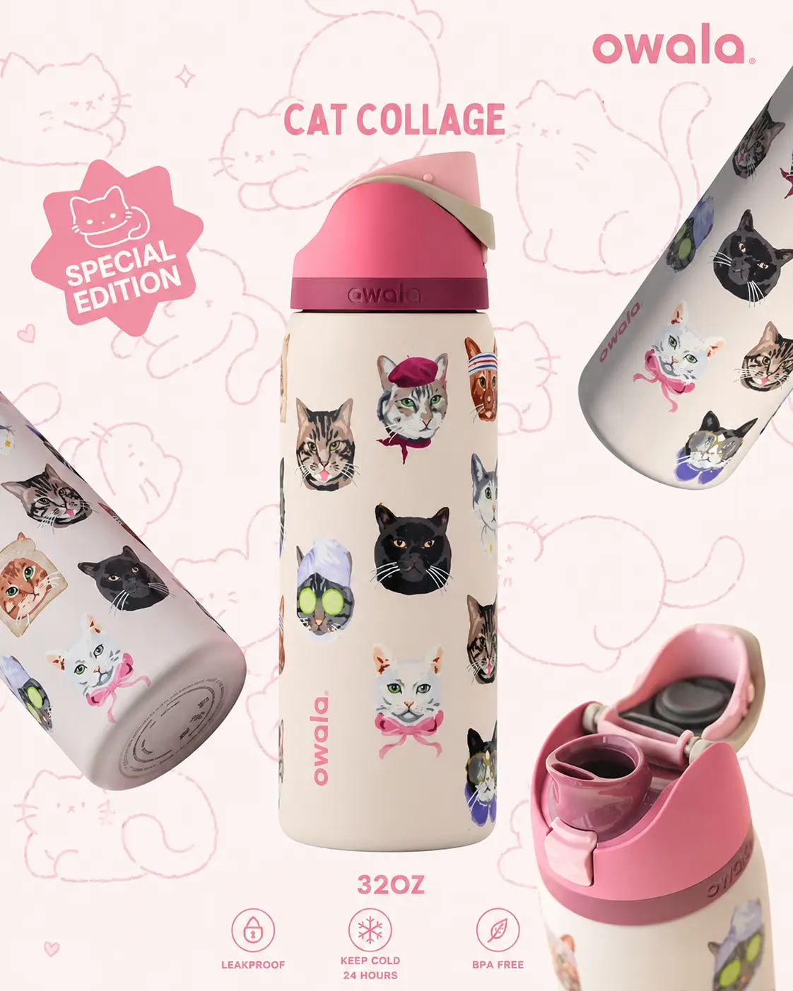 Owala UO Exclusive Pink Cat Collage FreeSip 32 oz Water Bottle