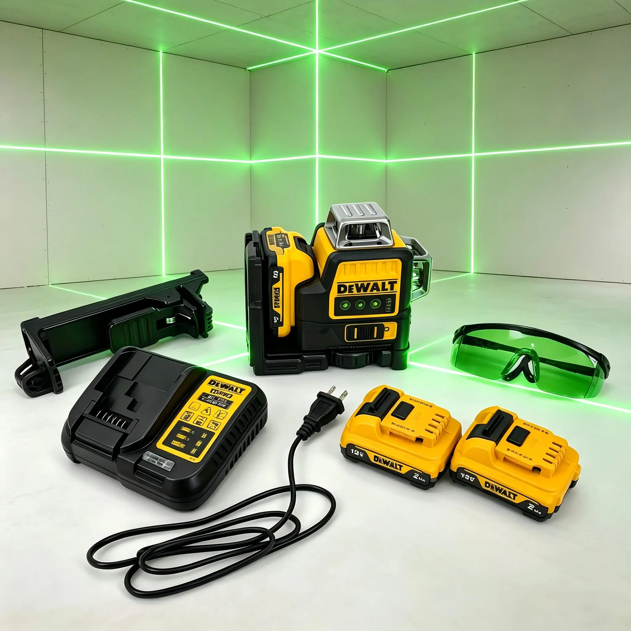 DEWALT DW089LG green laser level, 12V MAX 3x360° Self Leveling Laser Level Kit with Batteries Charger Target Plate Mount Bracket Hard Case, Ideal for Flooring, Tile & Construction Projects