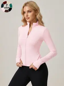 Women's Sports Jacket Stand Collar Zip Up Stretchy Slim Fit Long Sleeve Coat Thumb Hole Design Solid Color Breathable Skin Friendly Fashion Top Activewear for Gym Outdoor Sweat Wicking Running Cycling Versatile Travel Casual Yoga Wear