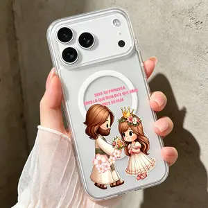 Cute Jesus Princess Spanish Pattern MagSafe Phone Case for iPhone 17 16 15 Pro Max 14 Plus 13 12 11 Air Transparent Acrylic Hard Cover Shockproof Drop Protection Christian Faith Aesthetic Gift Idea Smartphone Casing TMCX260518025 Rustic Silicone