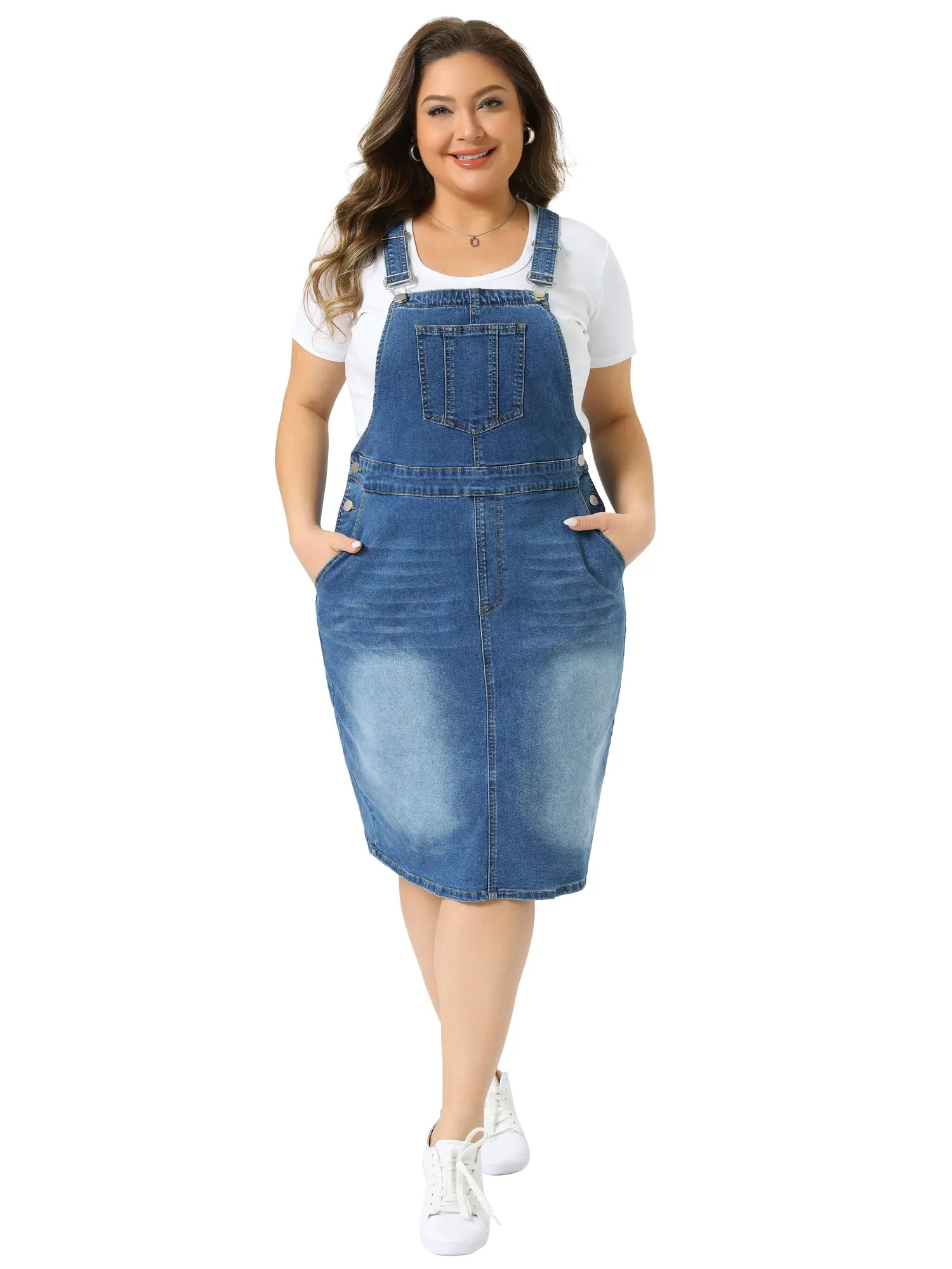Agnes Orinda Plus Size Denim Overalls Dress for Women Vintage Adjustable Strap Pinafore Bib Jean Dress with Side Pockets