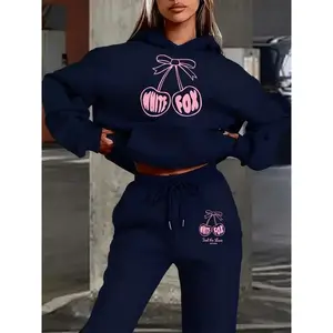 Hooded Sweatshirt Set, Fall Winter Trendy Cherry & Bow Print, Sweet Style, Comfortable Daily Wear, Loose Fit