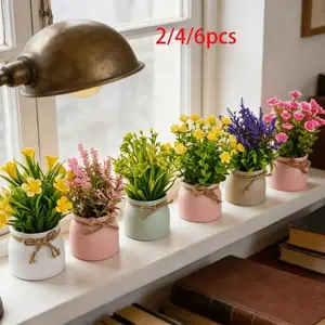 2/4/6 Pcs Artificial Mini Potted Plants, Minimalist Home Decor, Table Ornaments for Living Room Bedroom Balcony, Indoor & Outdoor Maintenance-Free Fake Greenery