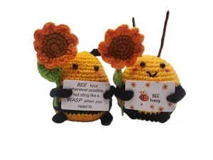 Crochet Bees - 2 Adorable Bee Dolls with Sunflower Accents and Inspirational Quotes for Unisex Adults. Includes Clear Gift Boxes and Wooden Stands.