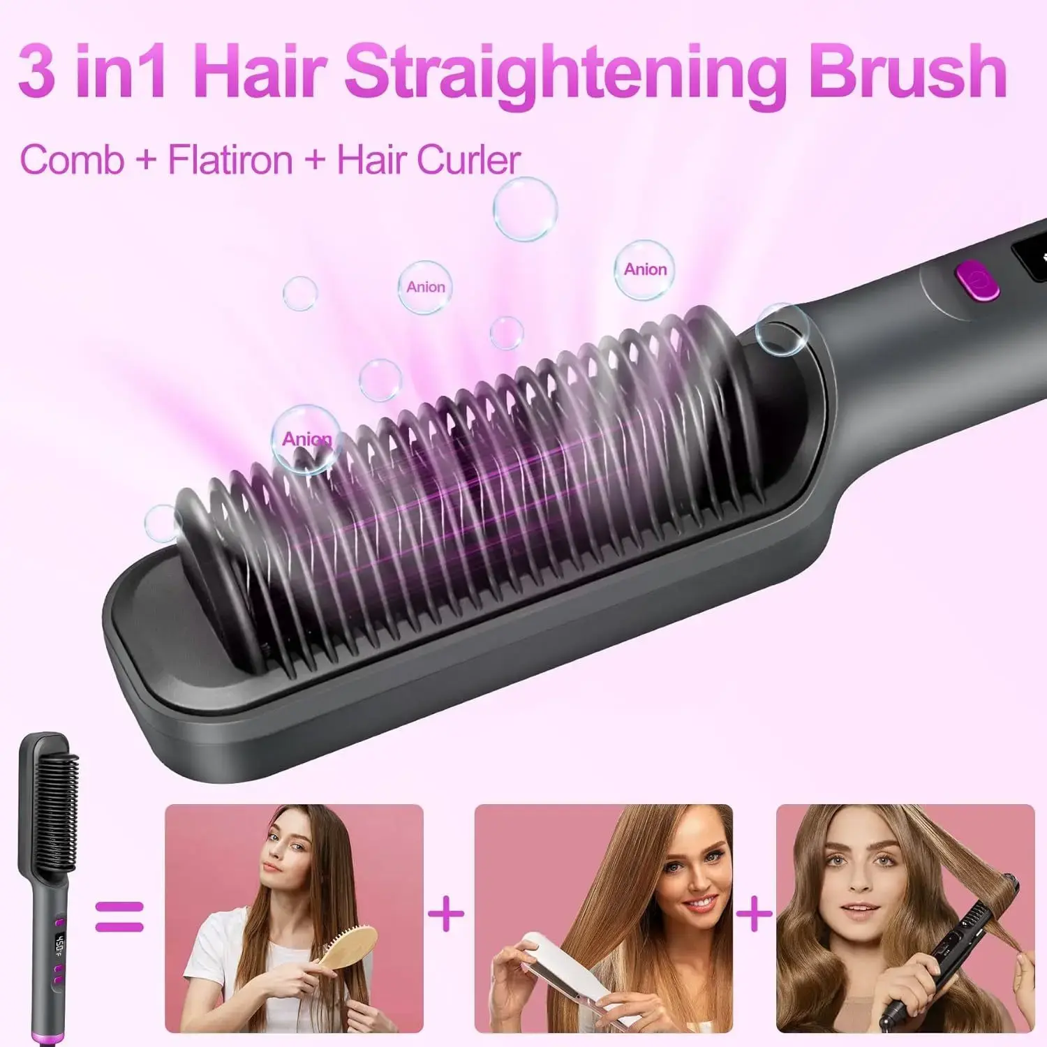Ceramic Hot Comb Hair Straightener Brush, Portable 2-in-1 Fast Heating Electric Straightening Comb & Curler, Anti-Scald Heated Ceramic Flat Iron Brush for Fast Styling