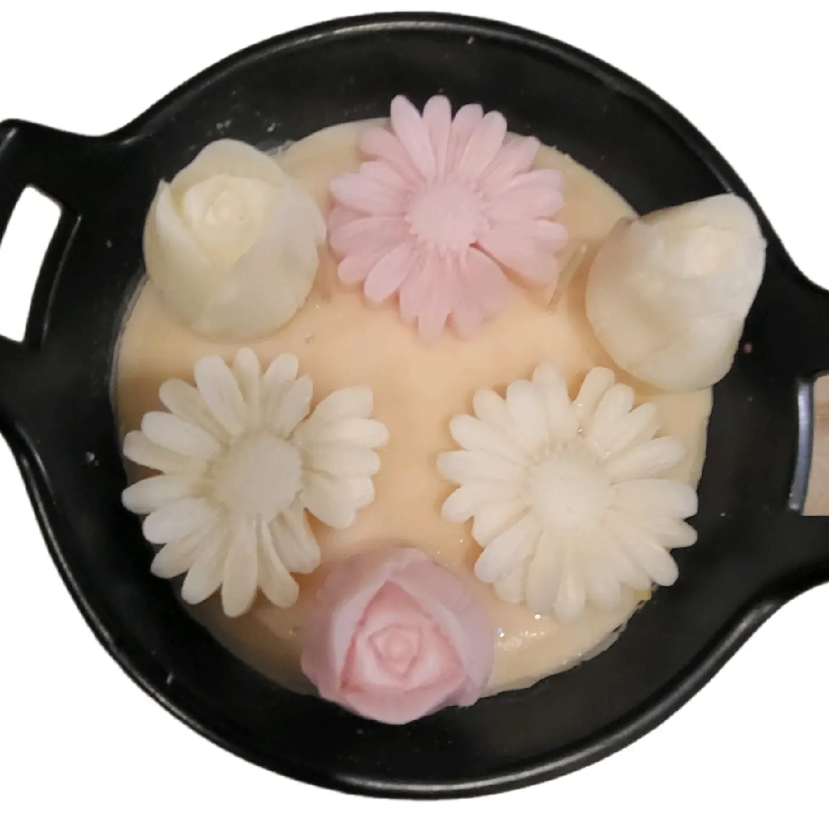 Pink White Daisy and Rose Candle - Decorative Candle with Floral Design in Black Pitcher - Ornaments