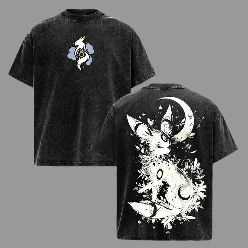 Umbreon Vintage Acid Washed Oversized T-Shirt - Heavy Cotton Pocket Monsters Anime Graphic Tee, Retro Streetwear Loose Fit Crewneck Short Sleeve Top, Casual Aesthetic Manga Apparel, Cool Gift for Gamer Anime Fans Men Women Unisex, Dark Type Graphic Tee