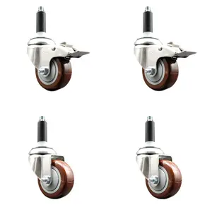 212 MAIN SCC-SS316TTLEX20S314-PPUB-MRN-2-S-2-78 Polyurethane Swivel Stem Caster Set of 4, 316 Stainless Steel, 3 in. Maroon Lockable Wheels, 0.87 in. Expanding Stem, Lock Brake, Series #20, for Concrete/Tile Floors