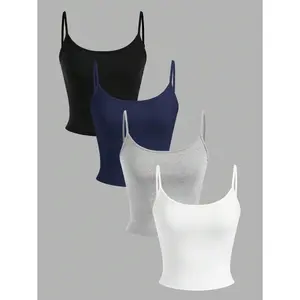 4pcs Women Tight Fitted Cropped Casual Tank Top, Suitable For Summer