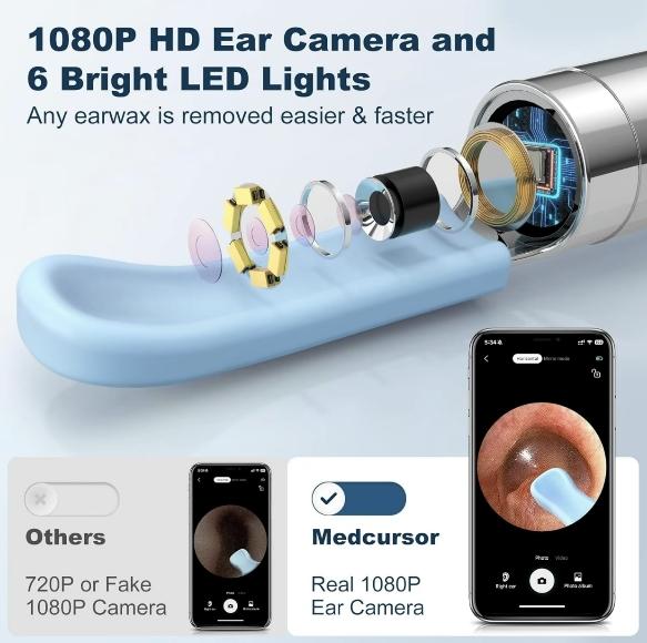 Ear Wax Removal,Ear Cleaner with HD Ear Camera,Wireless Ear Otoscope Earwax Remover Kit with 5 Ear Pick & 6 LED Lights,1080P Ear Camera with 6LED Light for Ear/Nose Examination,Ear Cleaning Tool for iOS & Android