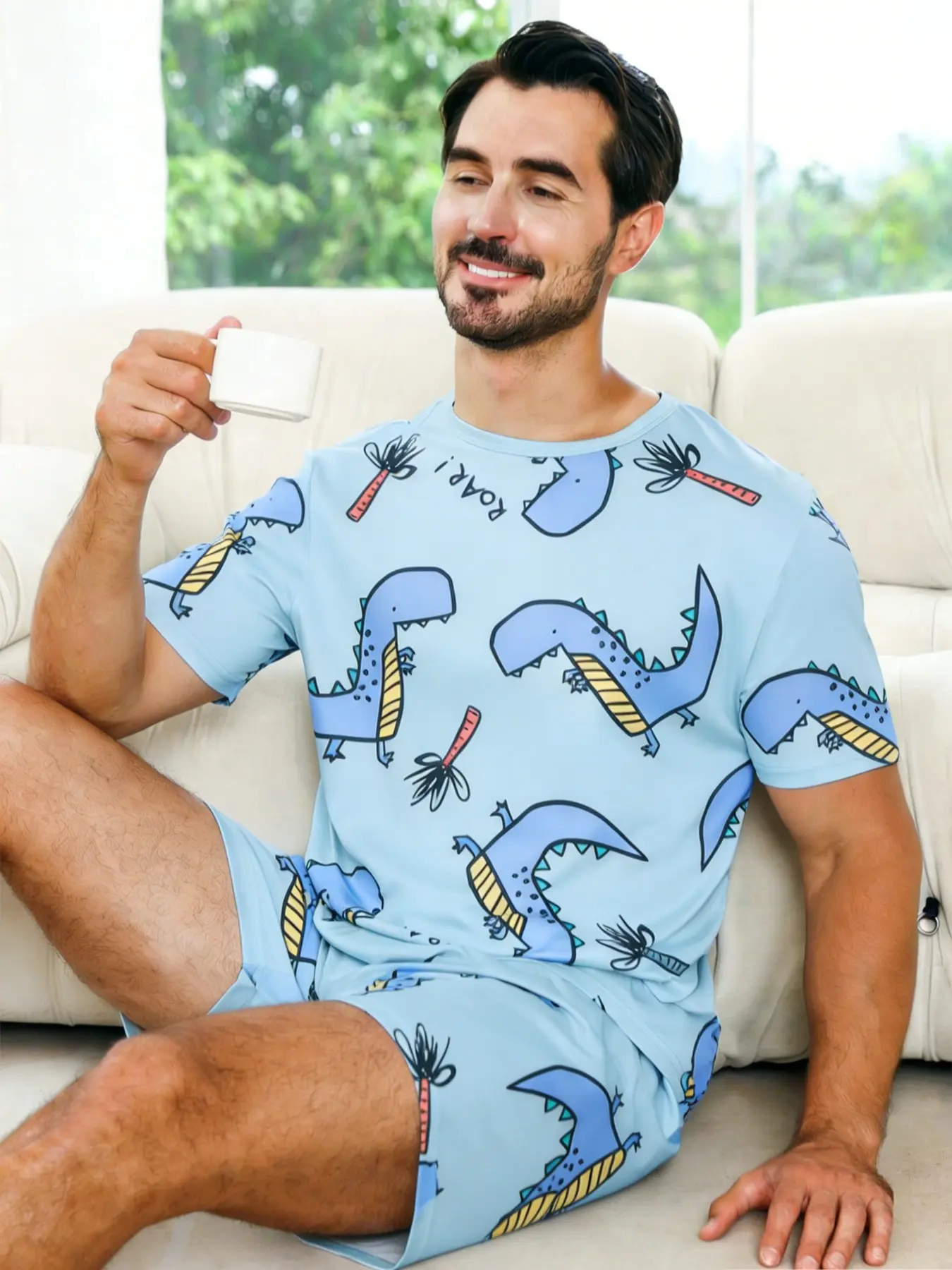 Men's Dinosaur Print Round Neck Knit Fitted Tee &Shorts Pyjama Set, Regular Fit Short Sleeve T-Shirt & Shorts PJ Set, Men's Sleepwear Loungewear Set for Summer Pajamas