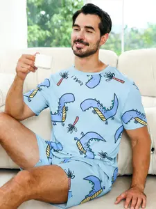 Men's Dinosaur Print Round Neck Knit Fitted Tee &Shorts Pyjama Set, Regular Fit Short Sleeve T-Shirt & Shorts PJ Set, Men's Sleepwear Loungewear Set for Summer Pajamas