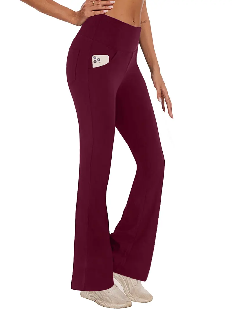 Hanerdun Women's Bootcut Yoga Pants with Pockets High Waist Flare Workout Leggings Dark Red 2XL for Fitness & Yoga Quick-Dry Stretch Polyester Spandex