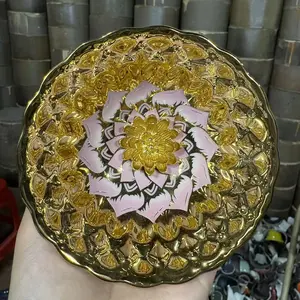 Artisan Porcelain Plate Golden Glaze with Pink Lotus Flower & Scalloped Edge Handcrafted with Precision and Care for Tea Sipping or Decor