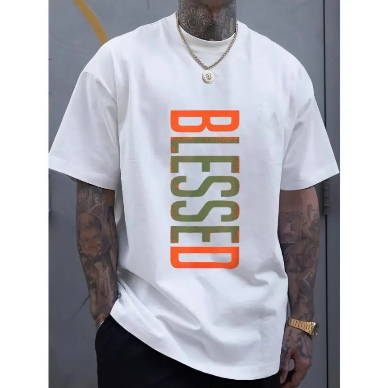Classic Comfort: 100% Cotton Men's Tee Men's Plus Size BLESSED 3D Printed T-Shirt - Bold Geometric Lettering, Breathable Comfort Fit, Machine Washable Casual ShortFashion Unisex T-shirts M-5XL