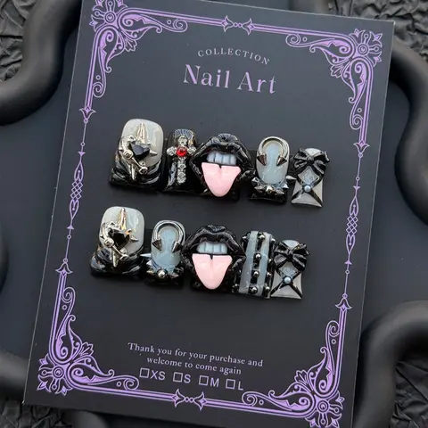 Y2K 10pc handmade press on nails, Glossy false nails, Fake nails, Dark Gothic Rock style black lips medium-length duckbill-shaped nail stickers, black French nail decorations, Perfect for daily wear, attending concerts