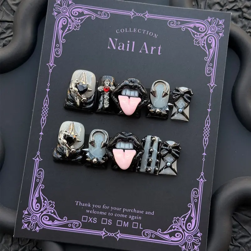 Y2K 10pc handmade press on nails, Glossy false nails, Fake nails, Dark Gothic Rock style black lips medium-length duckbill-shaped nail stickers, black French nail decorations, Perfect for daily wear, attending concerts