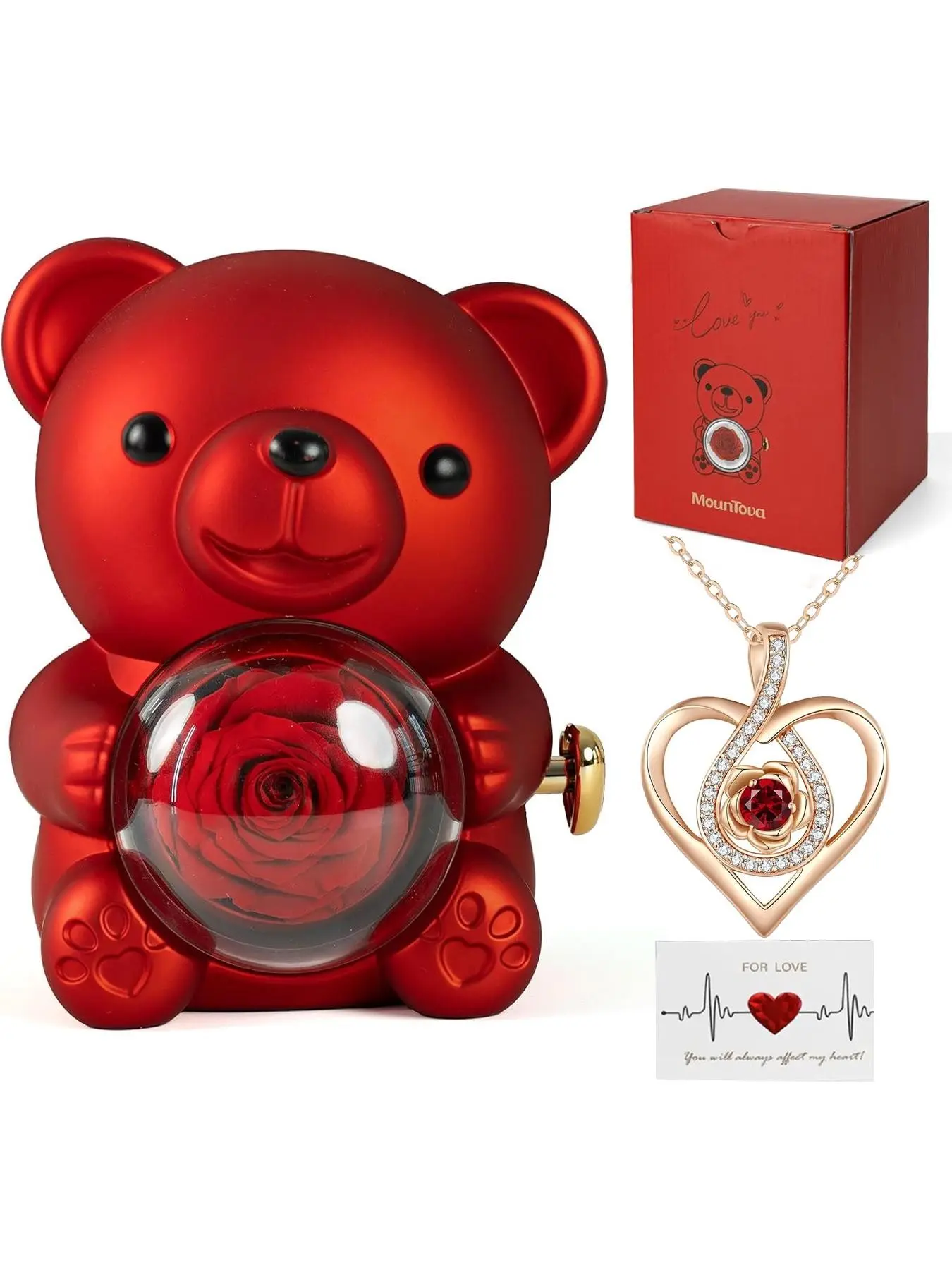 Romantic Teddy Bear with Preserved Rose and Necklace, Real Rose in Elegant Gift Box for Women, Exquisite Jewelry Gift, Bear Roses Gifts for Valentine's Day,Weddings,Mother's Day,Anniversary,Birthday,Christmas, Heart Pendant Necklaces