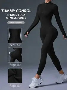 Women's Seamless Ribbed One-Piece Jumpsuit, Waist Cinching Design for Gym Workout & Outdoor Sports, Workout Jumpsuits, Fall Winter Women's Jumpsuit