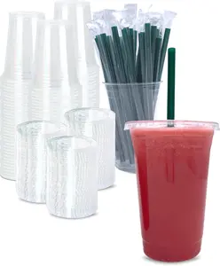 50-Pack 12-24oz Clear Plastic Iced Coffee Cups with Lids and Straws, Disposable To Go Cups for Smoothies, Milkshake, Cold Beverages, Coffee Bar Accessories