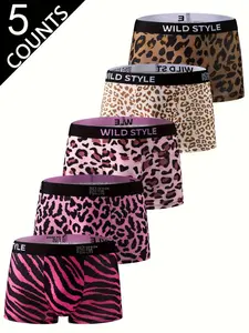 5 pcs men's printing leopard print flat cornered underwear, Casual elegant underwear, soft and comfortable, Mix and match trendy styles, Suitable for daily home leisure, Breathable elastic fabric, Four season outfit matching