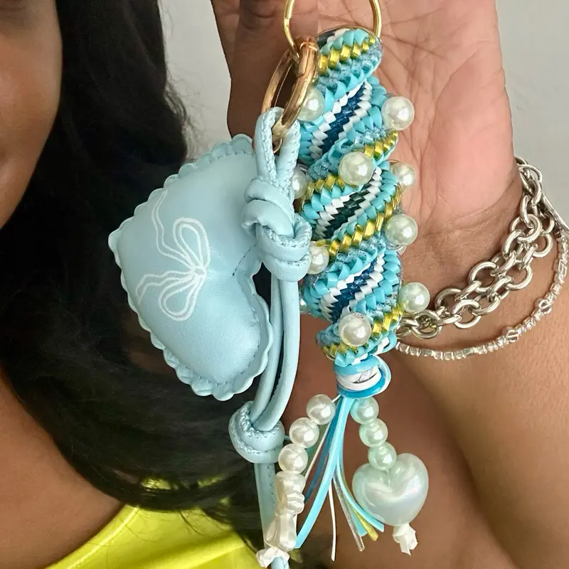 Blue Pastel Beaded Boondoggle with Puffy Heart Bag Charm Keychain
