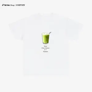 T - shirt with iced matcha latte print, stats: Clairo listener, 6’7”, Feminist