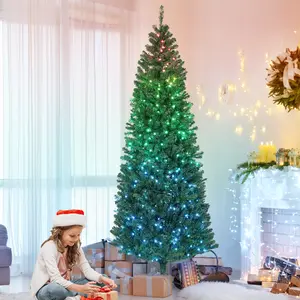 7ft Slim Fir Christmas Tree with 350 Colorful DIY LEDs Remote and Daily Timer Hinged Branches 1245 Tips for Home Office Small Space Cozy Corner