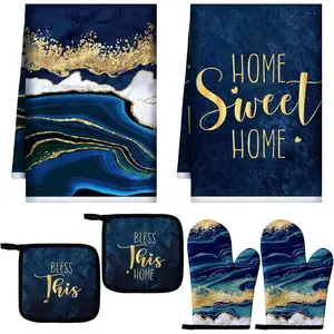 6 Pcs Kitchen Decor Pot Holders Oven Mitts 2 Dish Towels 2 Farmhouse Cooking Mittens Oven Glove 2 Potholder for Baking Cooking Grilling Supply Accessories (Blue)
