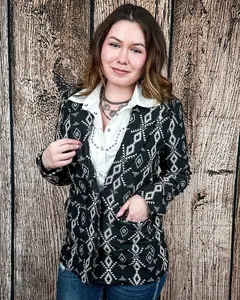 Women's Cypress Ridge Southwestern Denim Blazer, Lucky and Blessed Black & Ivory Casual Tee-Inspired Womenswear Suit Piece