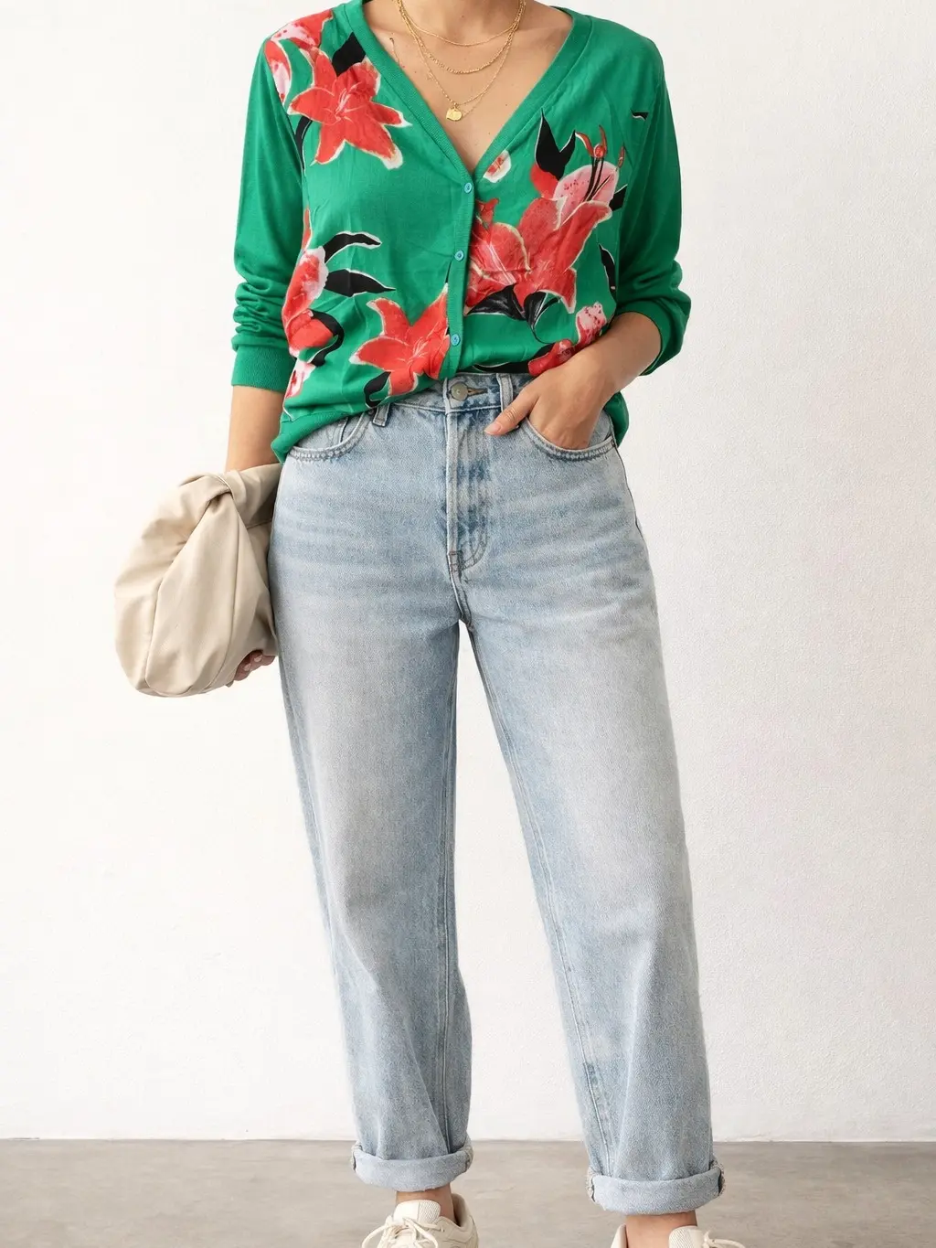 Petite Green Floral Cardigan with Long Sleeves and Button Front - Casual Whimsical Style for Spring and Summer Comfort Fit