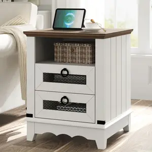 Farmhouse End Table White Nightstand Wood Sofa Table Square Side Table with Charging Station Nesting Table with 2 Drawers for Bedroom Living Room