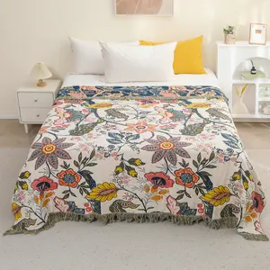 Boho Throw Blanket for Bed - 100% Cotton Ultra Soft Rustic Quilt - Spring Blanket Bird Floral Printed Farmhouse Decor Large Bed Blankets,80"×90" All Season Rustic Throw for Sofa Couch Chair