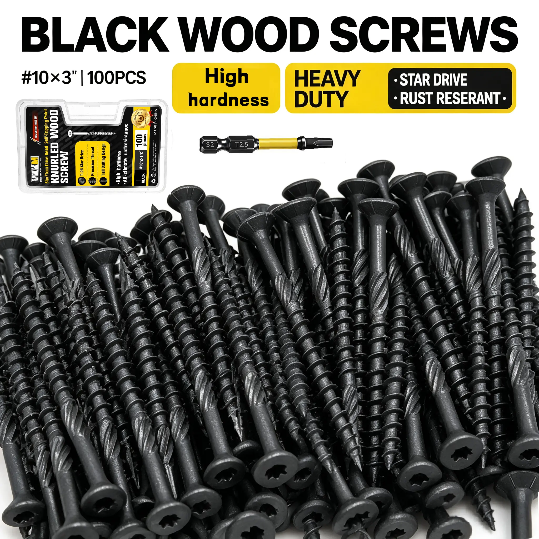 VKKM 100Pcs #10 x 2-1/2 Inch Black Torx Deck Screws, Knurled Self-Tapping Rust Resistant Anti-Crack Wood Fasteners with T25 Bit for Outdoor Deck Fence Woodworking