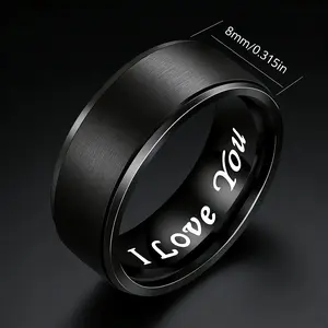 8MM Men's Black Brushed Titanium Steel Wedding Band, Inner Engraved "I Love You", Comfort Fit Promise Ring for Him, Hypoallergenic Fade-Resistant Couple Engagement Anniversary Valentine's Day Gift