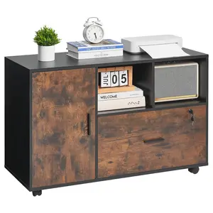 VEVOR Rustic Brown Wooden Mobile Lockable Lateral File Cabinet with Smooth Sliding Drawers, Open & Adjustable Shelves, Free-Standing Printer Stand for Home & Office