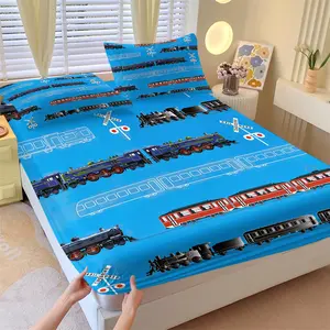 Cartoon Train Theme Kids Fitted Sheet Set & 2 Pillowcases No Core, Sky Blue Base & Cartoon Steam Train, Red Blue Passenger Train Pattern, Soft Anti-Slip Wrinkle-Resistant Bedding, Boy's Bedroom Decor, Gift Choice
