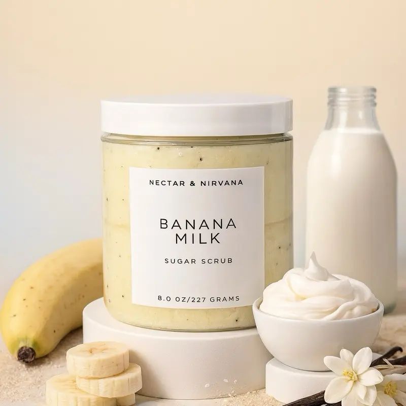 Nectar & Nirvana Banana Milk Foaming Sugar Scrub with Shea Butter & Apricot Oil for Gentle Exfoliation and Moisturization 8.0 oz/227 gra