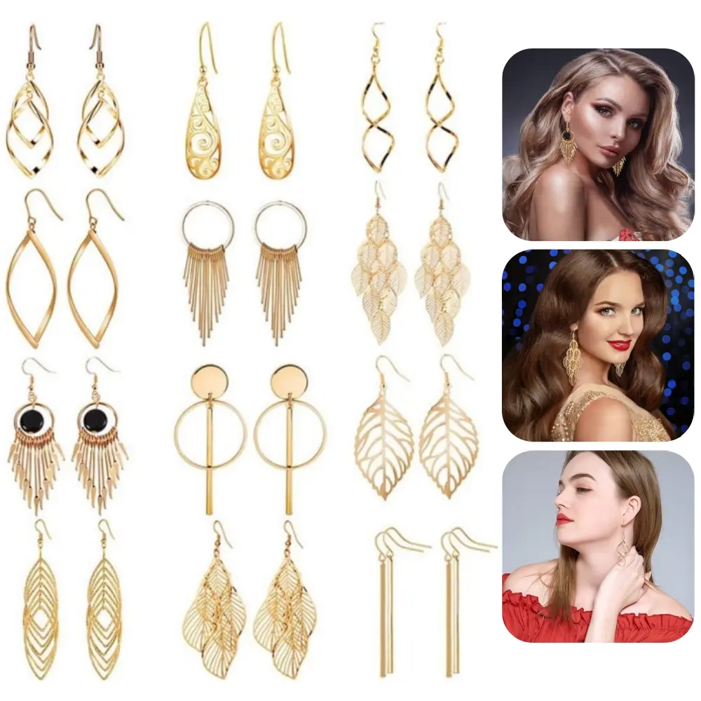 12 Pairs Gold Hoop Earrings for Women Long Layered Leaf Earrings Vintage Statement Dangle Drop Earrings Set summerwins