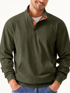 Men's Corduroy Half-Zip Pullover Sweater, Elbow Patch Design, Casual Fitted Long Sleeve Top, Comfortable Fall Fashion