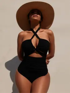Women's Halter Neck Criss Cross Ruched Waist Cutout 1-Piece Swim Bodysuit - Black High Stretch Nylon Blend Bathing Suit with Metal Clasp