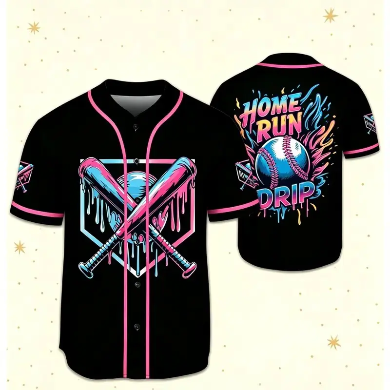 Home Run Drip Baseball Jersey Pink Black Streetwear Button Down Shirt Premium Breathable Polyester Mesh High-Definition Graphic Sportswear Gift for Athletes Baseball Fans Coaches Trendy Street Style