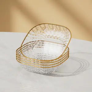 Clear Glass Snack Bowl with Gold Rim, 5 Counts/set Modern Snack Plate, Durable Plastic Tray for Fruit & Kitchen Essentials, Fashion Tableware for Daily Use
