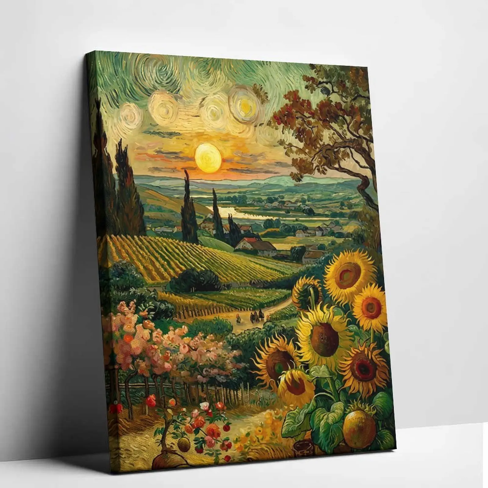 Van Gogh Style Artistic Sunflower Sunset Unframed Canvas Poster, Vibrant Impressionist Landscape, Aesthetic Home Decor Wall Art for Room