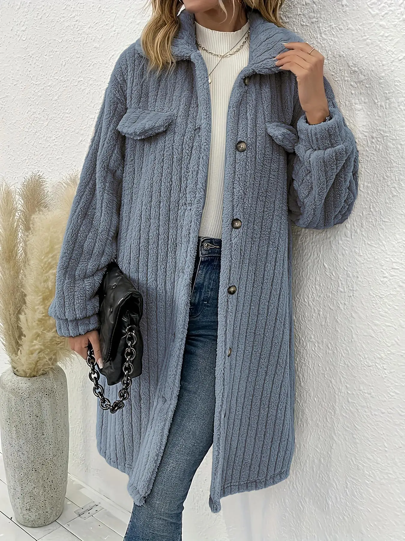 Women's Plain Drop Shoulder Button Front Coat, Casual Long Sleeve Flap Detail Collar Outerwear For Fall & Winter, Women's Clothing For Daily Wear