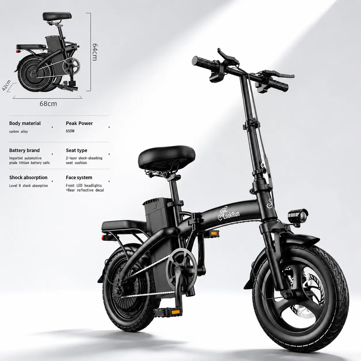 LOOKRUN Peak Power 650W Foldable Adult Electric Bike - City Commuter Ebike, Commuter Folding Ebike, 30-Mi Range, 3 Riding Modes, Portable Lightweight Bicycle for Sports & Outdoor Use 8-level shock absorption Dual Seat f12 bicicleta de bateria